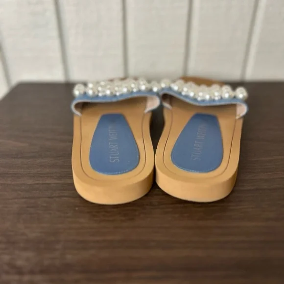 Stuart Weitzman Goldie Faux Pearl Embellished Slides, size 8B. - Picture 6 of 8